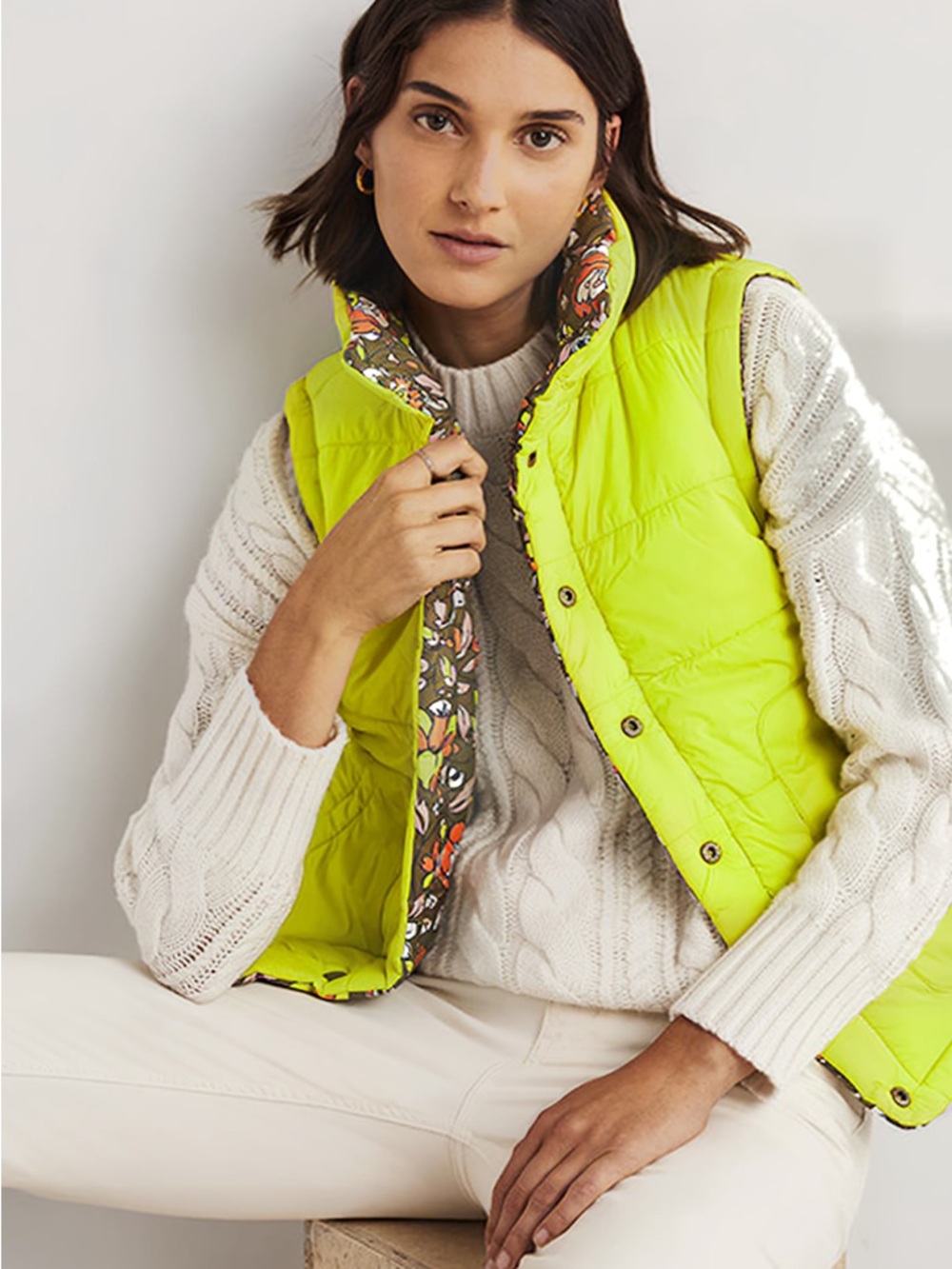 NWT Boden Reversible Puffer Vest Floral Khaki Neon Yellow - US 8 / Medium‎ - Picture 2 of 16